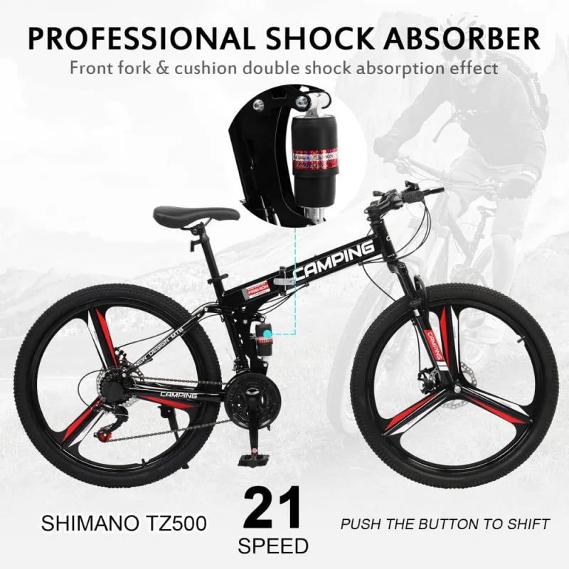 Ktaxon Foldable Mountain Bike 26 Inch Bike 21-Speed Bikes for Adults with Cool Design, Powerful Mechanical Dual Disc Brakes