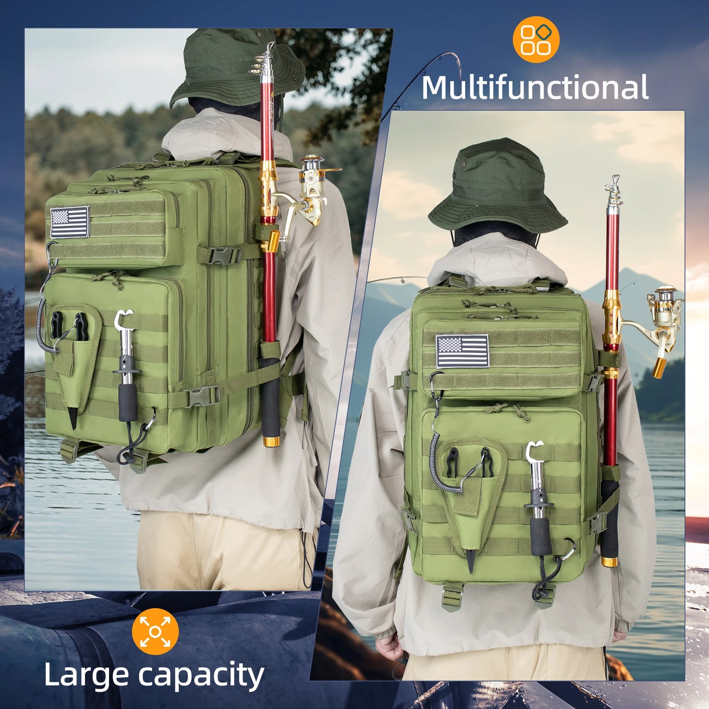 45L Fishing Hunting Bag Tactical Backpack Men's Travel Large Capacity Rucksacks Men Waterproof Outdoor