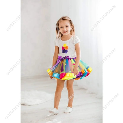 Cake Skirt 2 Piece Set Cute Women Teenager Tutu Skirt Cotton Short Sleeve Top Rainbow Polka Dot Ballet Skirts Necklace Bracelet