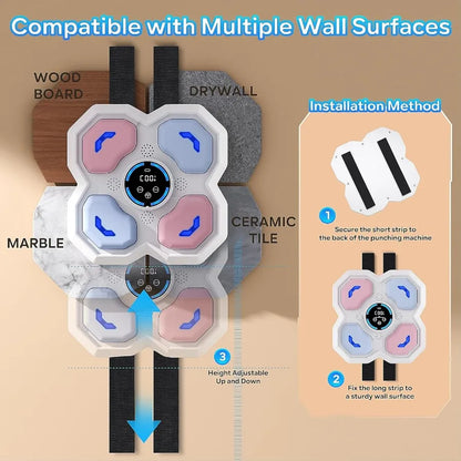 Wallmounted smart punching target toy with Bluetooth connectivity and LED lights for kids' musicbased workout game interactive