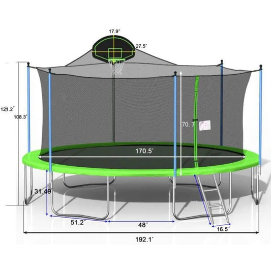 1500 LBS 16FT Outdoor Trampoline with Safety Enclosure Net, Backyard Recreational Heavy-Duty Trampoline for Kids Adult