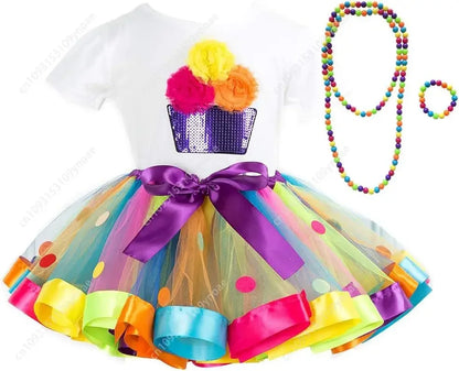Cake Skirt 2 Piece Set Cute Women Teenager Tutu Skirt Cotton Short Sleeve Top Rainbow Polka Dot Ballet Skirts Necklace Bracelet