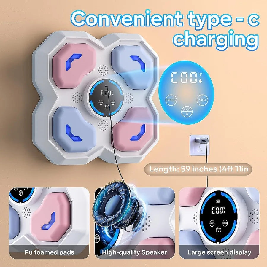 Wallmounted smart punching target toy with Bluetooth connectivity and LED lights for kids' musicbased workout game interactive